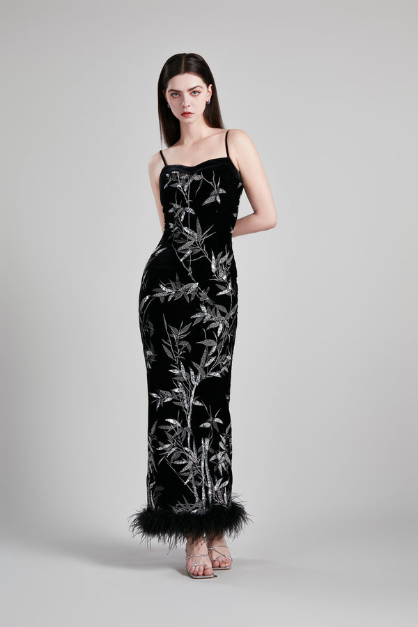 STRAPLESS WAIST CINCHING OSTRICH FEATHER DRESS