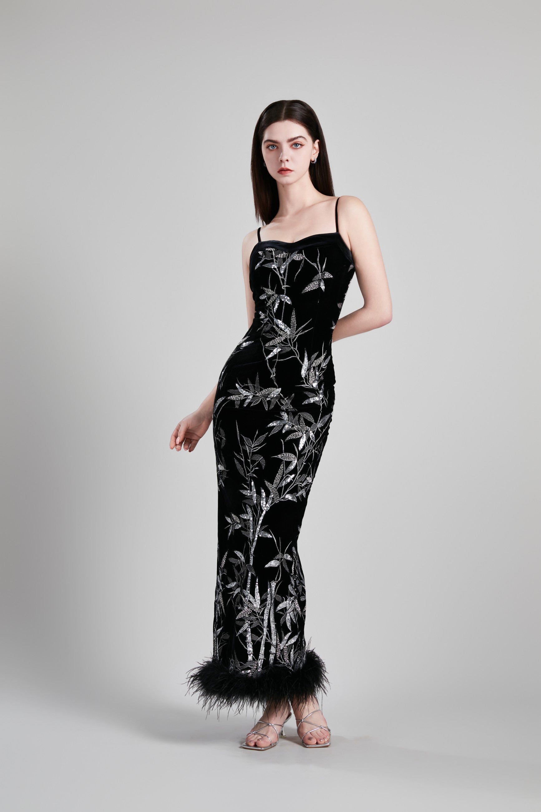 STRAPLESS WAIST CINCHING OSTRICH FEATHER DRESS