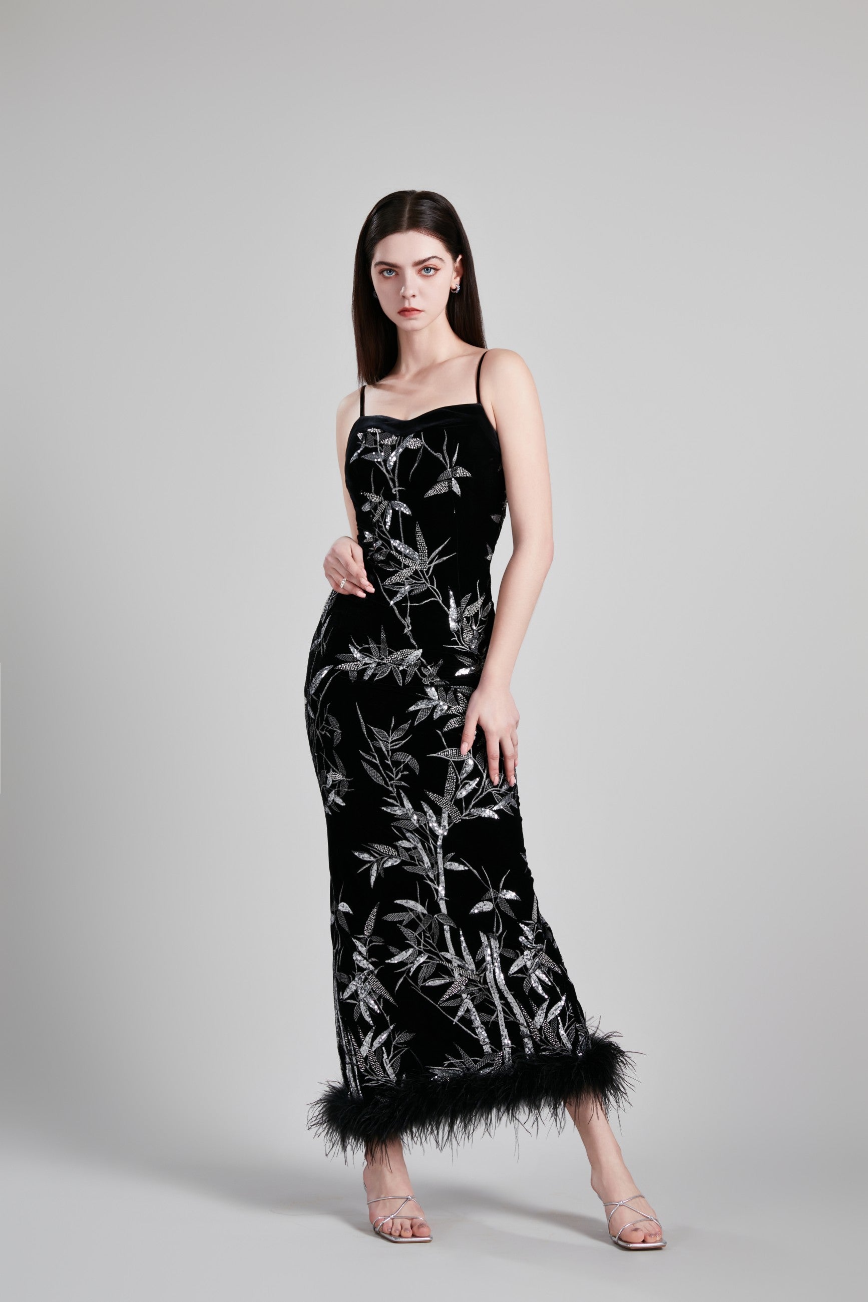 STRAPLESS WAIST CINCHING OSTRICH FEATHER DRESS