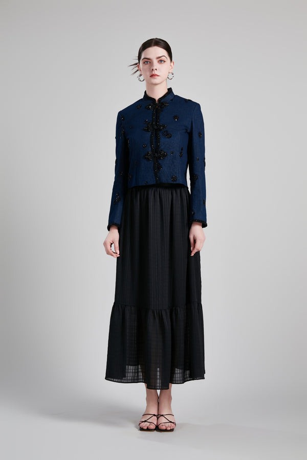 STAND COLLAR H LINE COAT PLEATED SKIRT