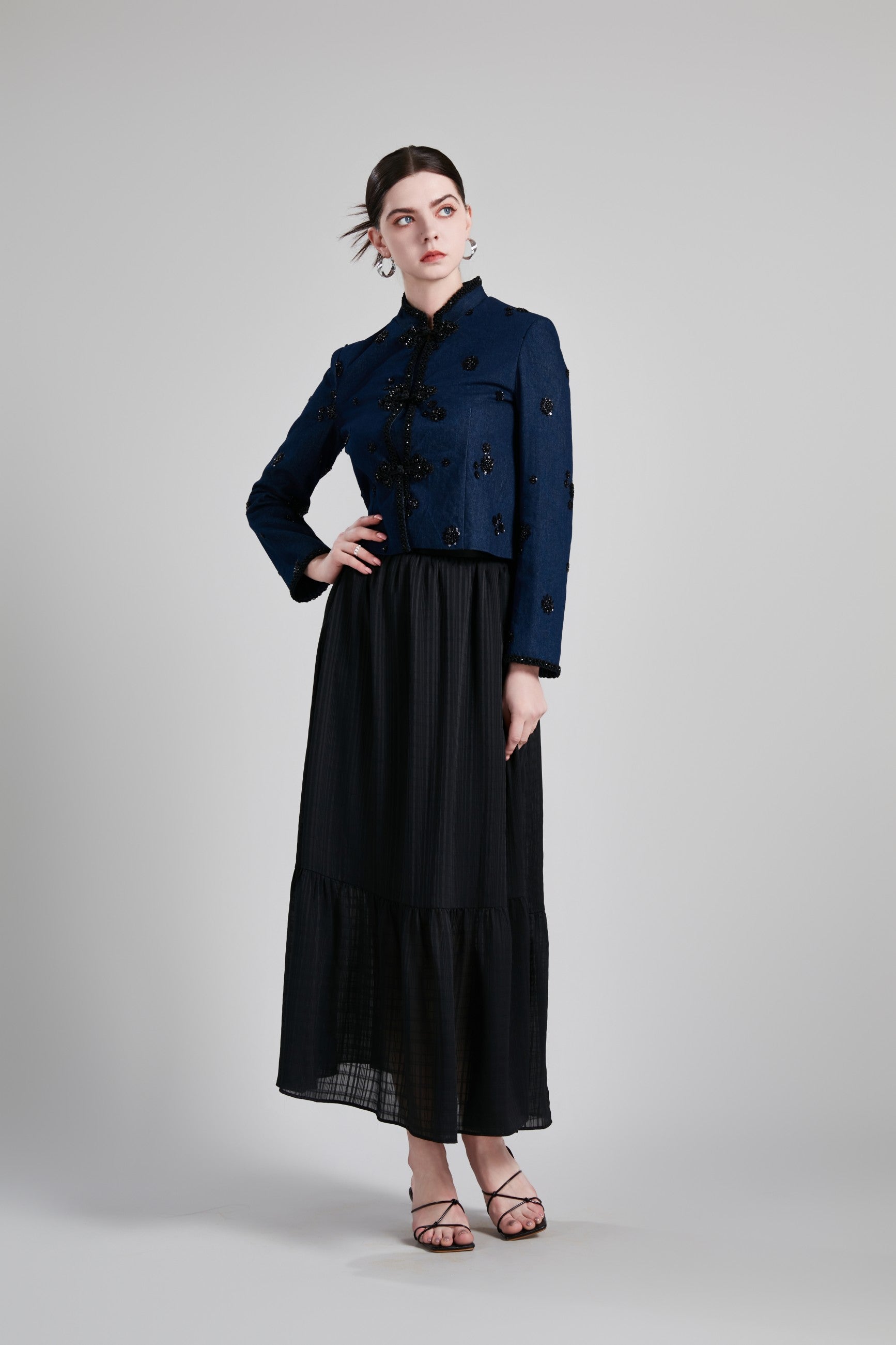 STAND COLLAR H LINE COAT PLEATED SKIRT
