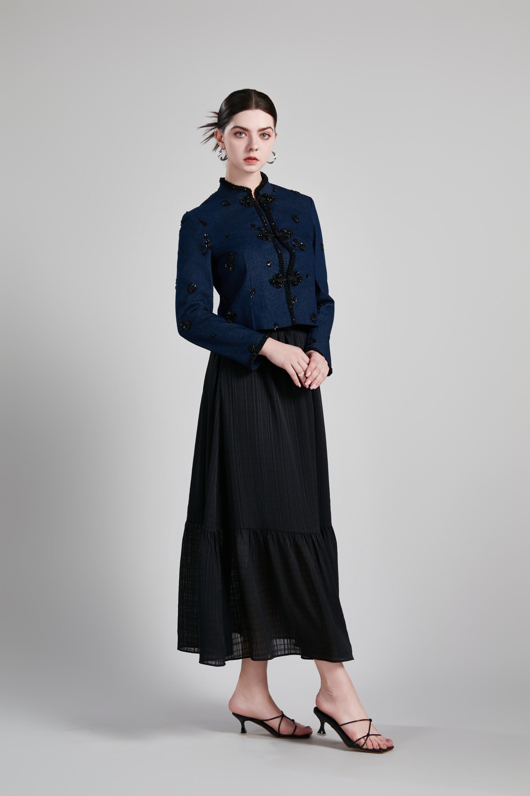 STAND COLLAR H LINE COAT PLEATED SKIRT