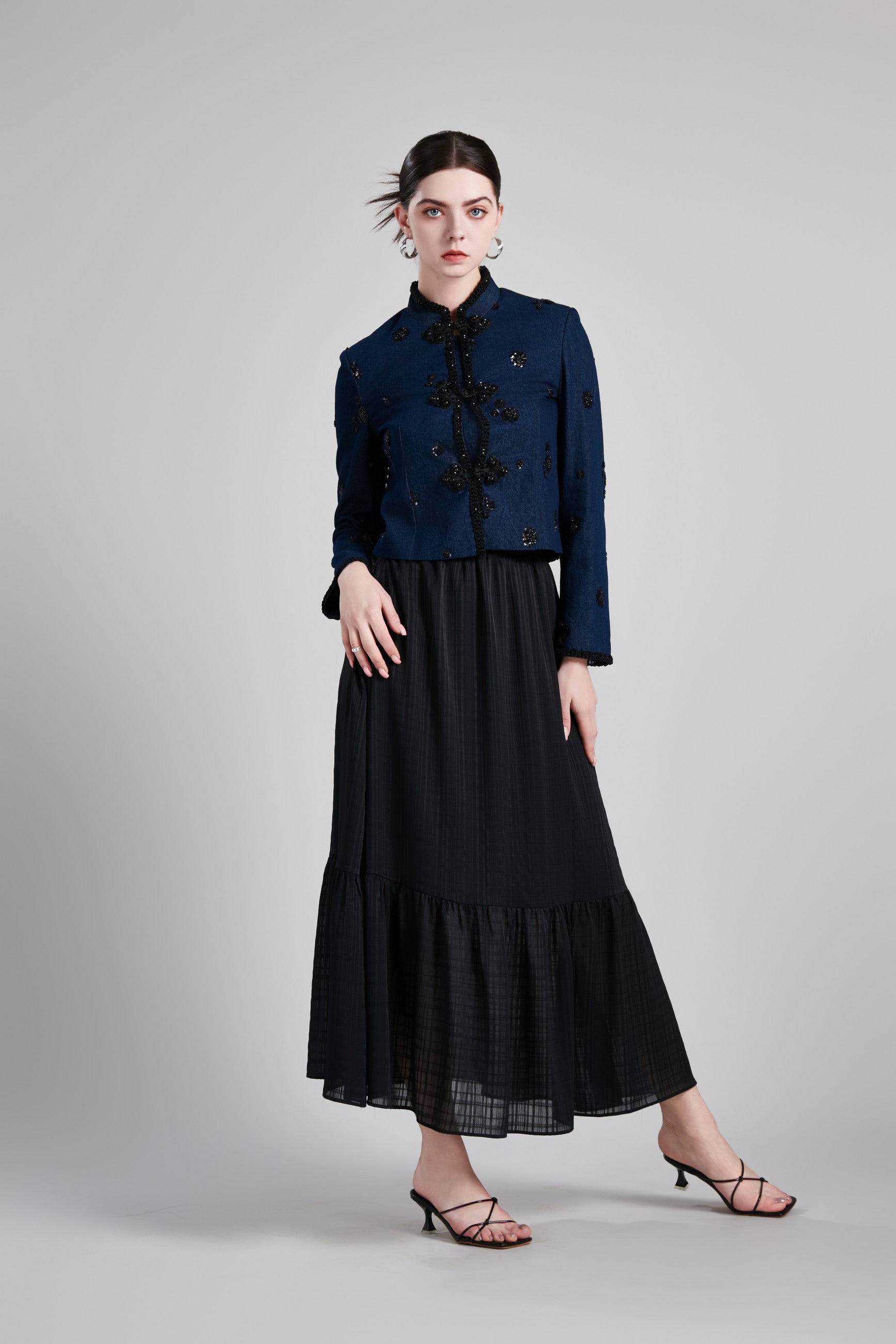STAND COLLAR H LINE COAT PLEATED SKIRT