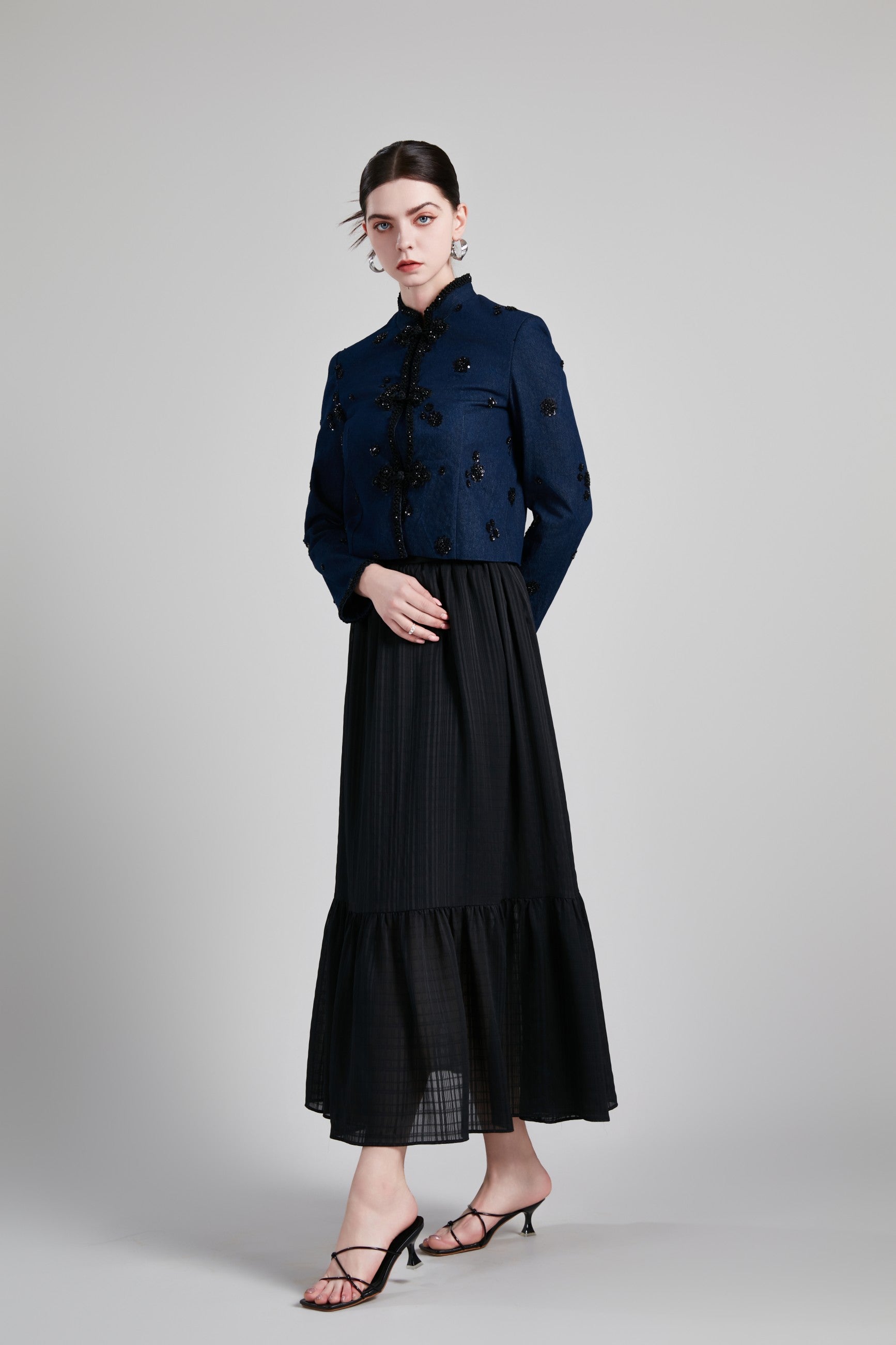 STAND COLLAR H LINE COAT PLEATED SKIRT