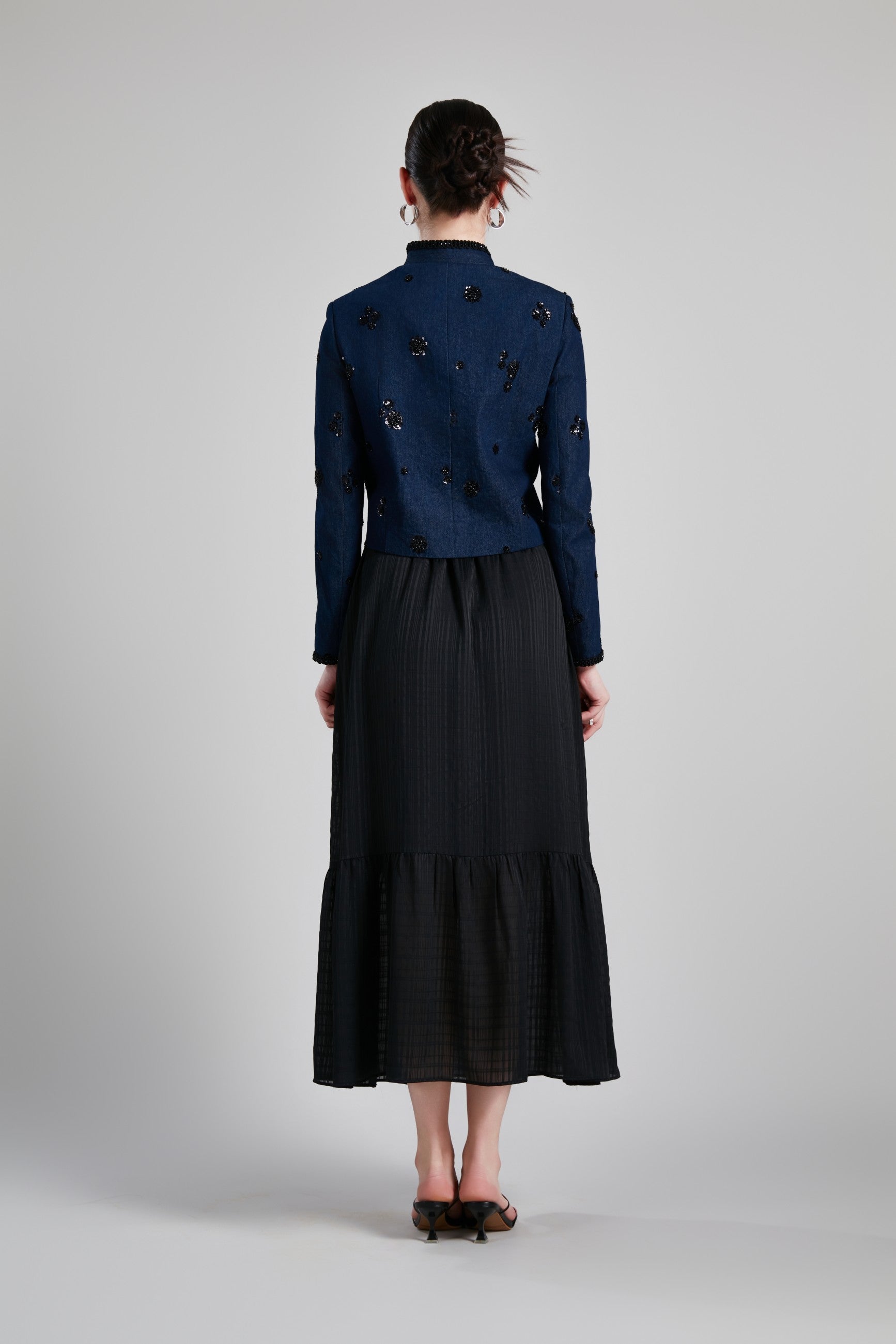 STAND COLLAR H LINE COAT PLEATED SKIRT