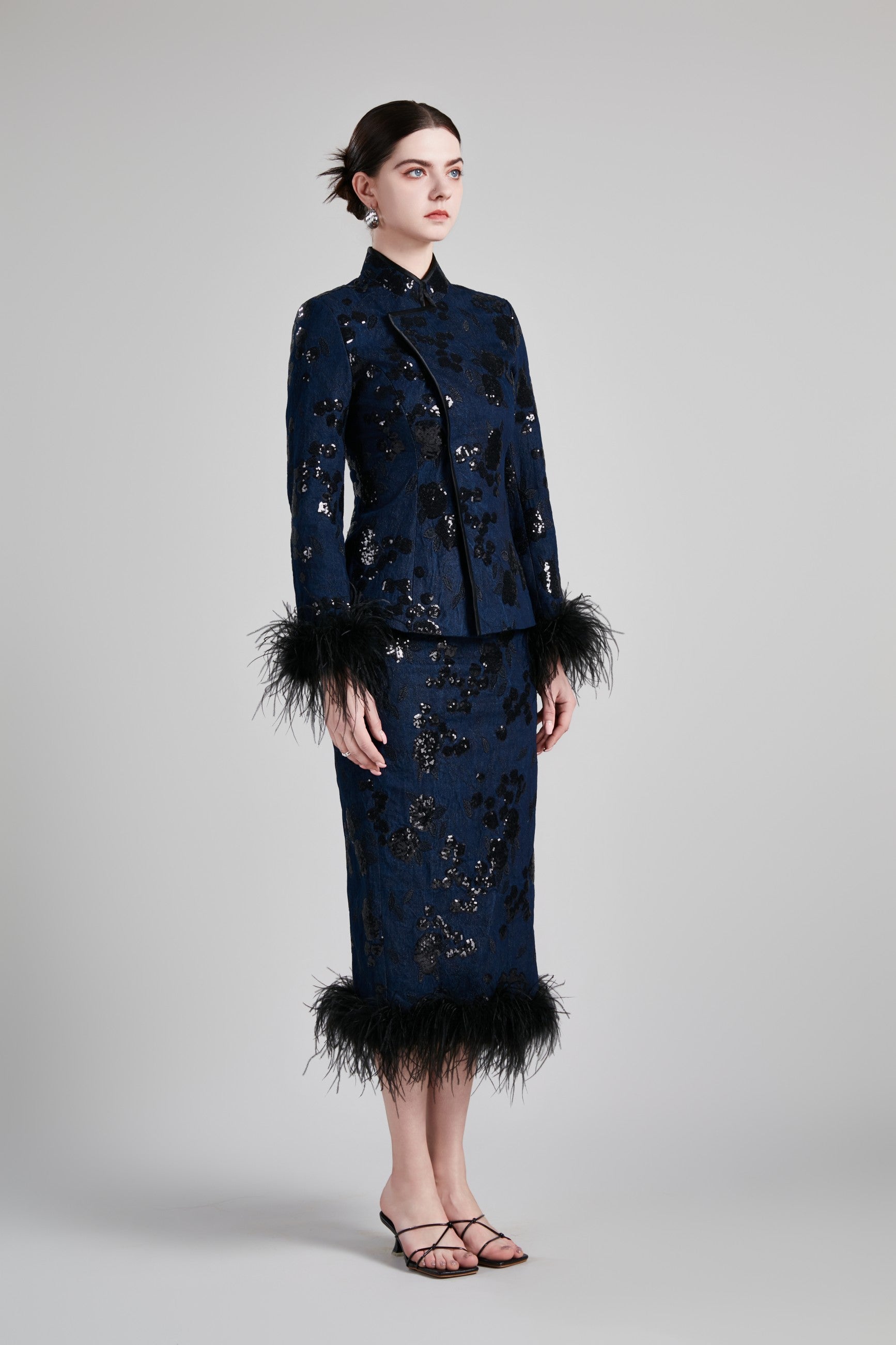 FITTED WAIST JACKET FEATHERED PENCIL SKIRT