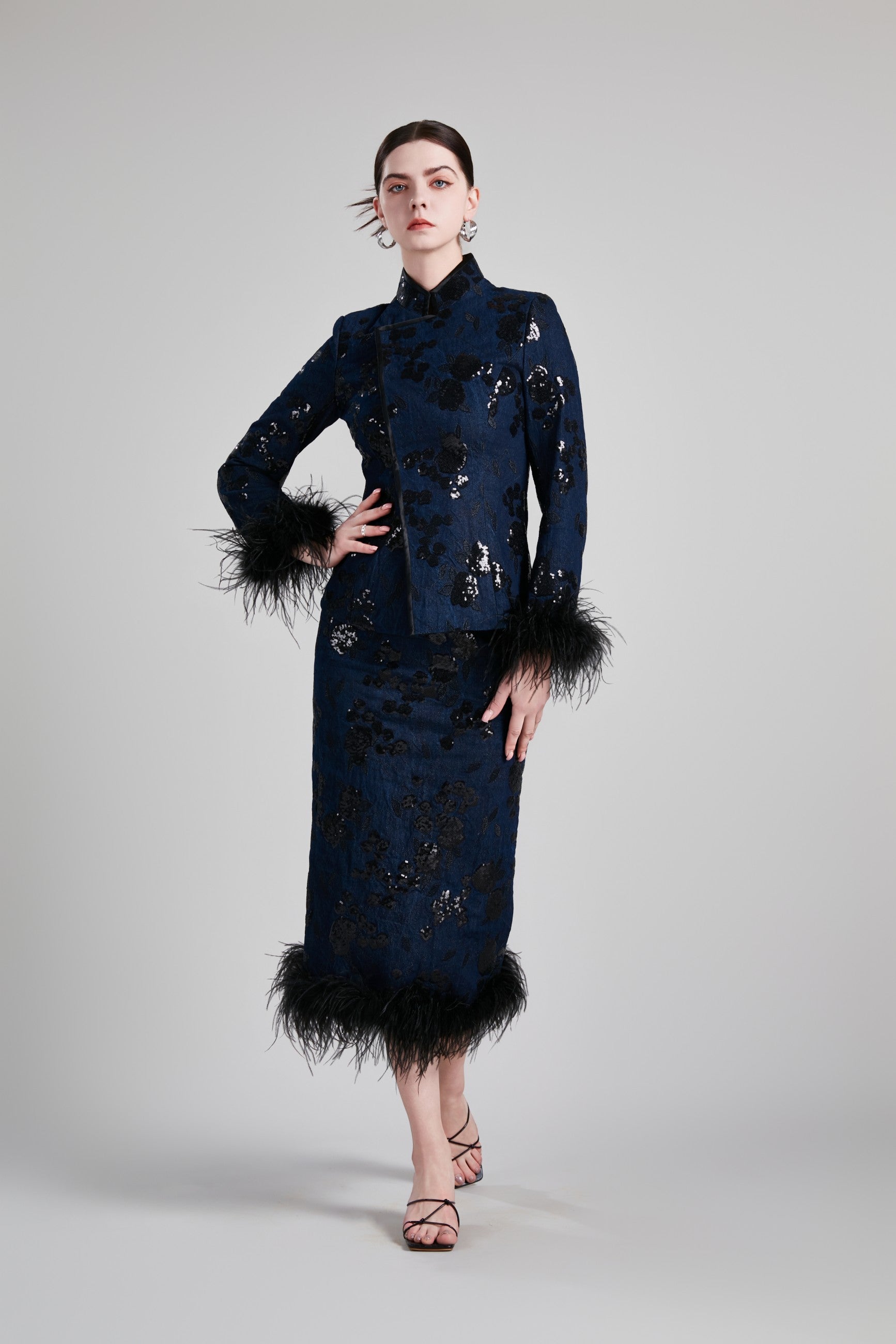 FITTED WAIST JACKET FEATHERED PENCIL SKIRT