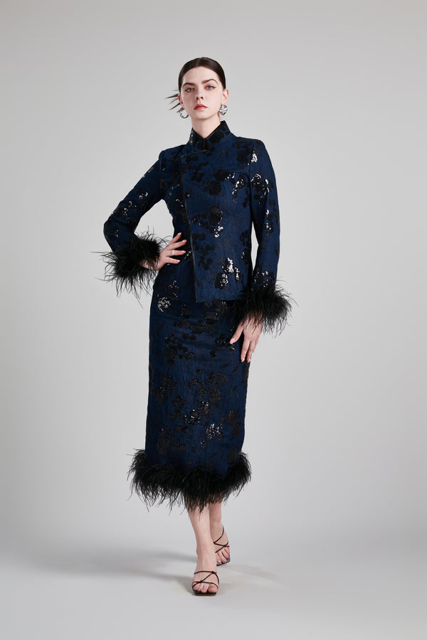 FITTED WAIST JACKET FEATHERED PENCIL SKIRT