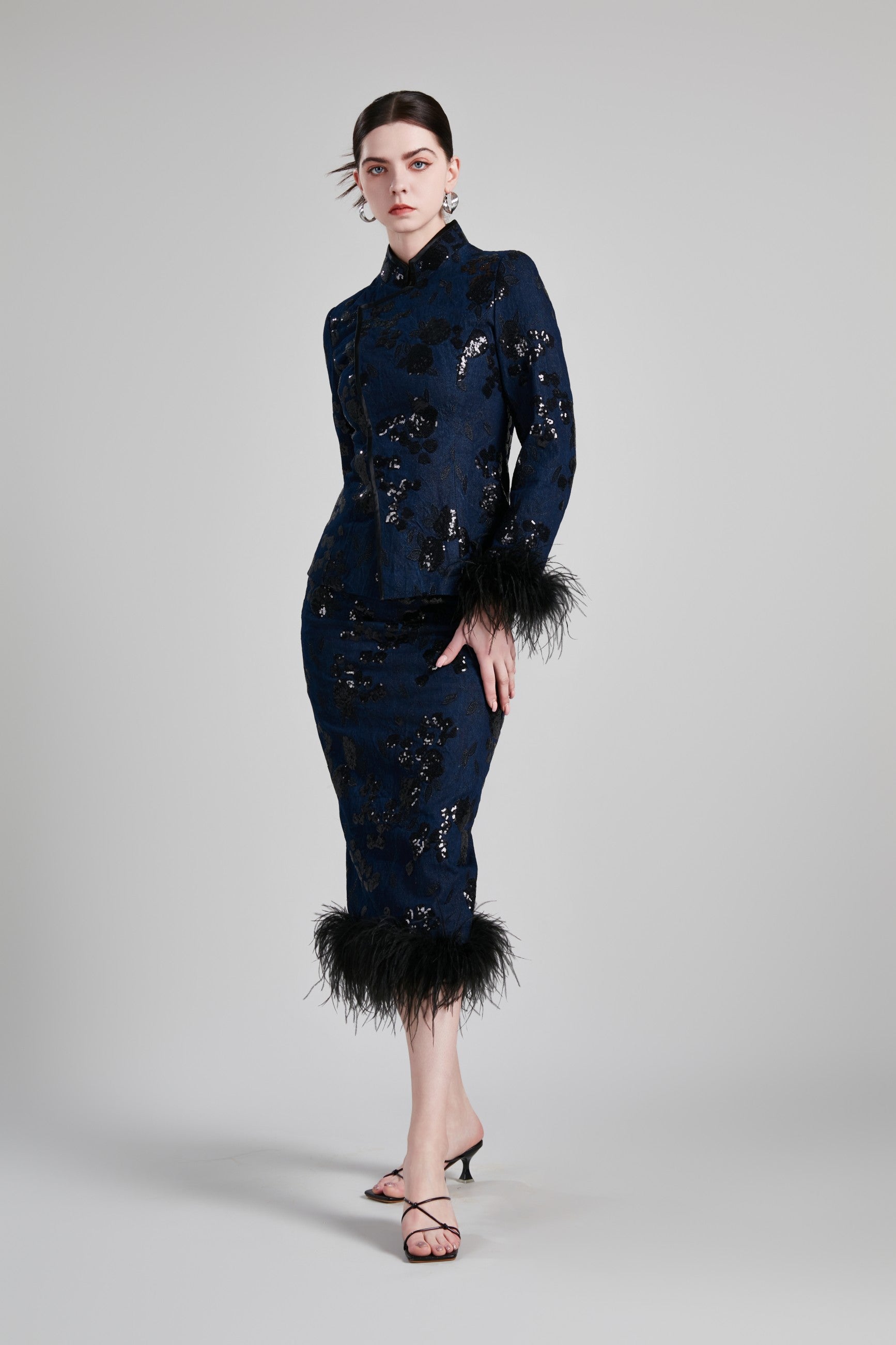 FITTED WAIST JACKET FEATHERED PENCIL SKIRT