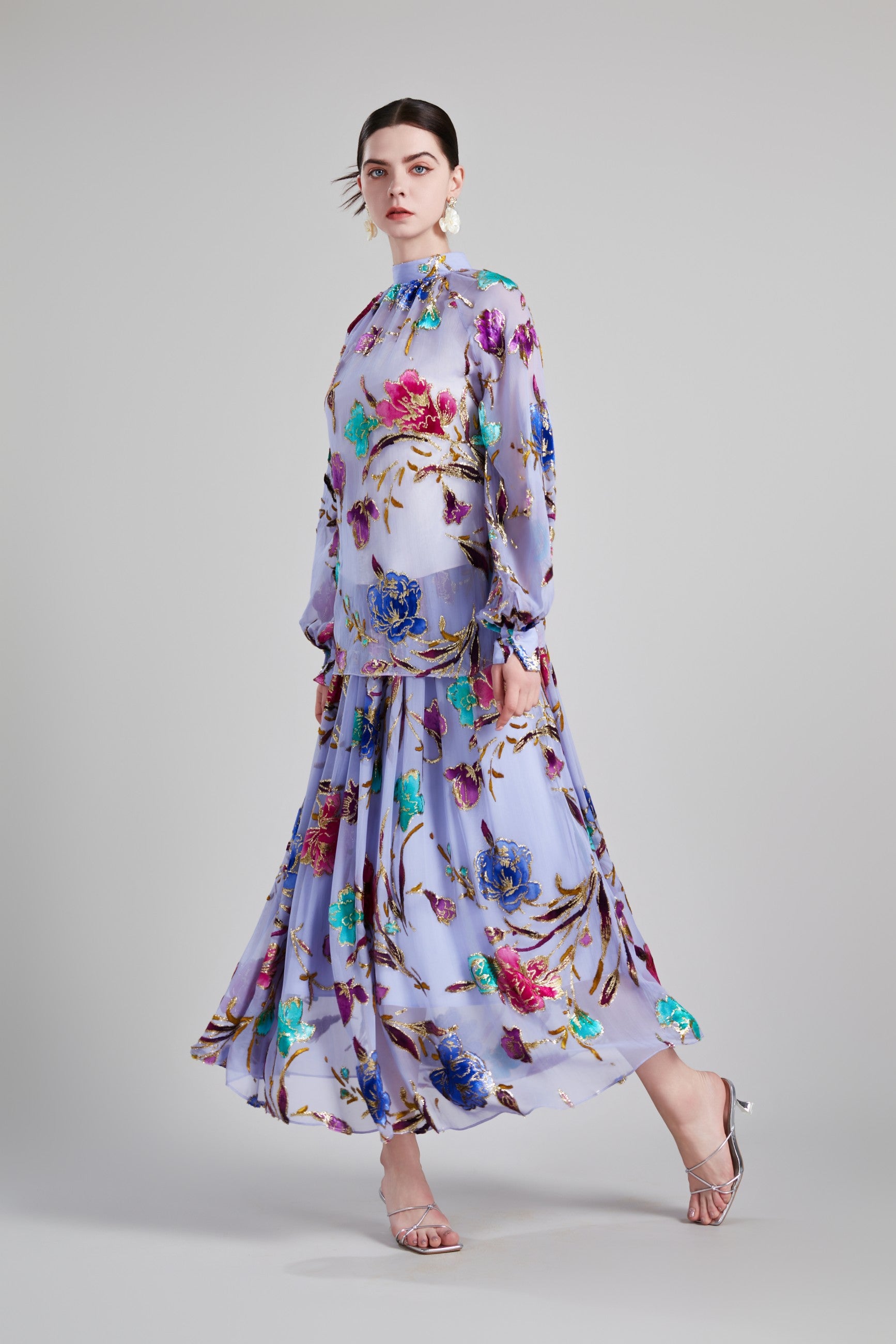 BELL SLEEVE STAND COLLAR SHIRT ELASTICATED FLOWING SKIRT