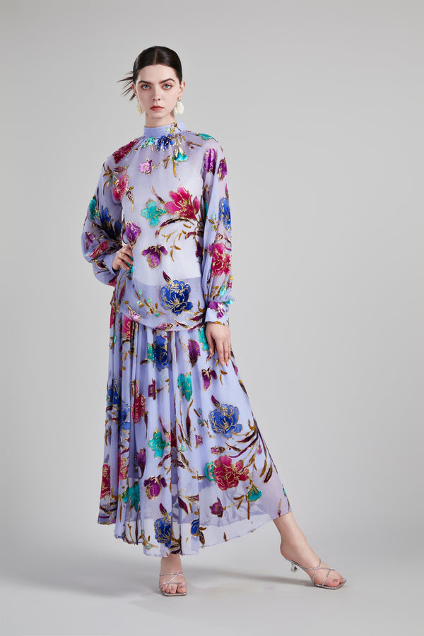 BELL SLEEVE STAND COLLAR SHIRT ELASTICATED FLOWING SKIRT