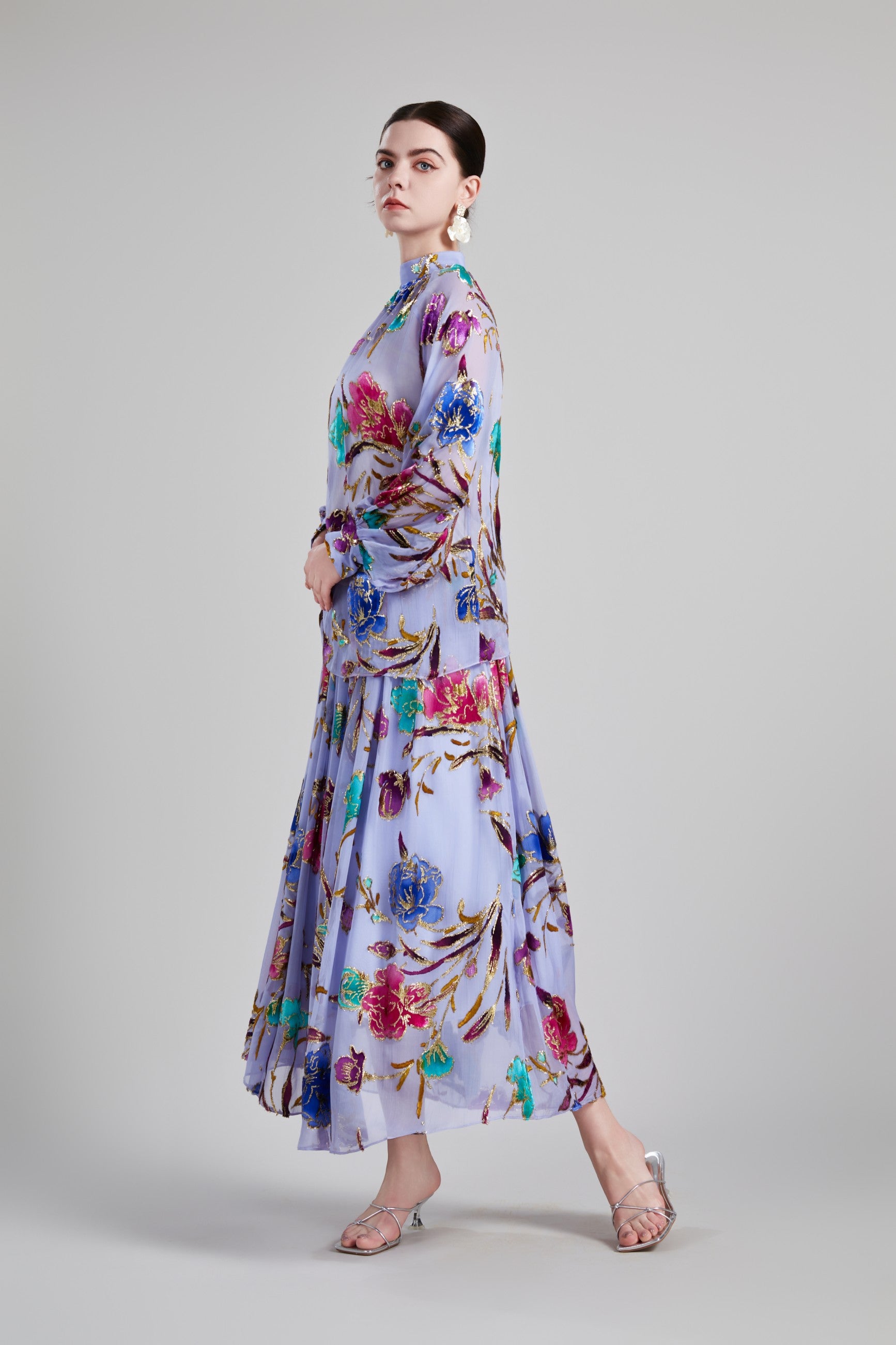 BELL SLEEVE STAND COLLAR SHIRT ELASTICATED FLOWING SKIRT