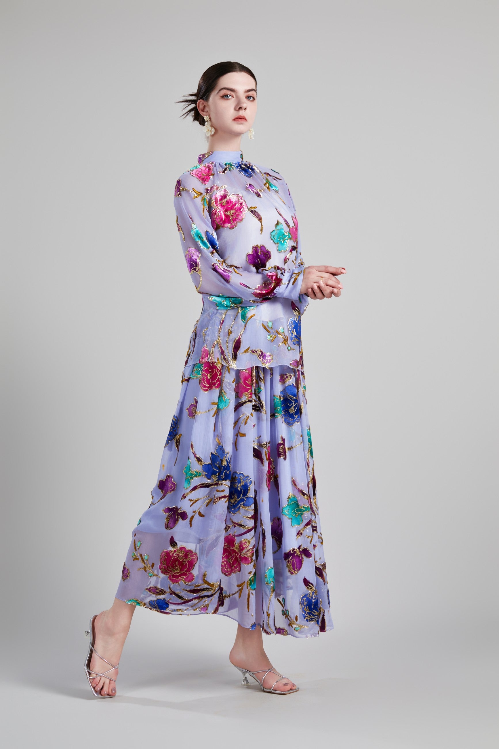 BELL SLEEVE STAND COLLAR SHIRT ELASTICATED FLOWING SKIRT