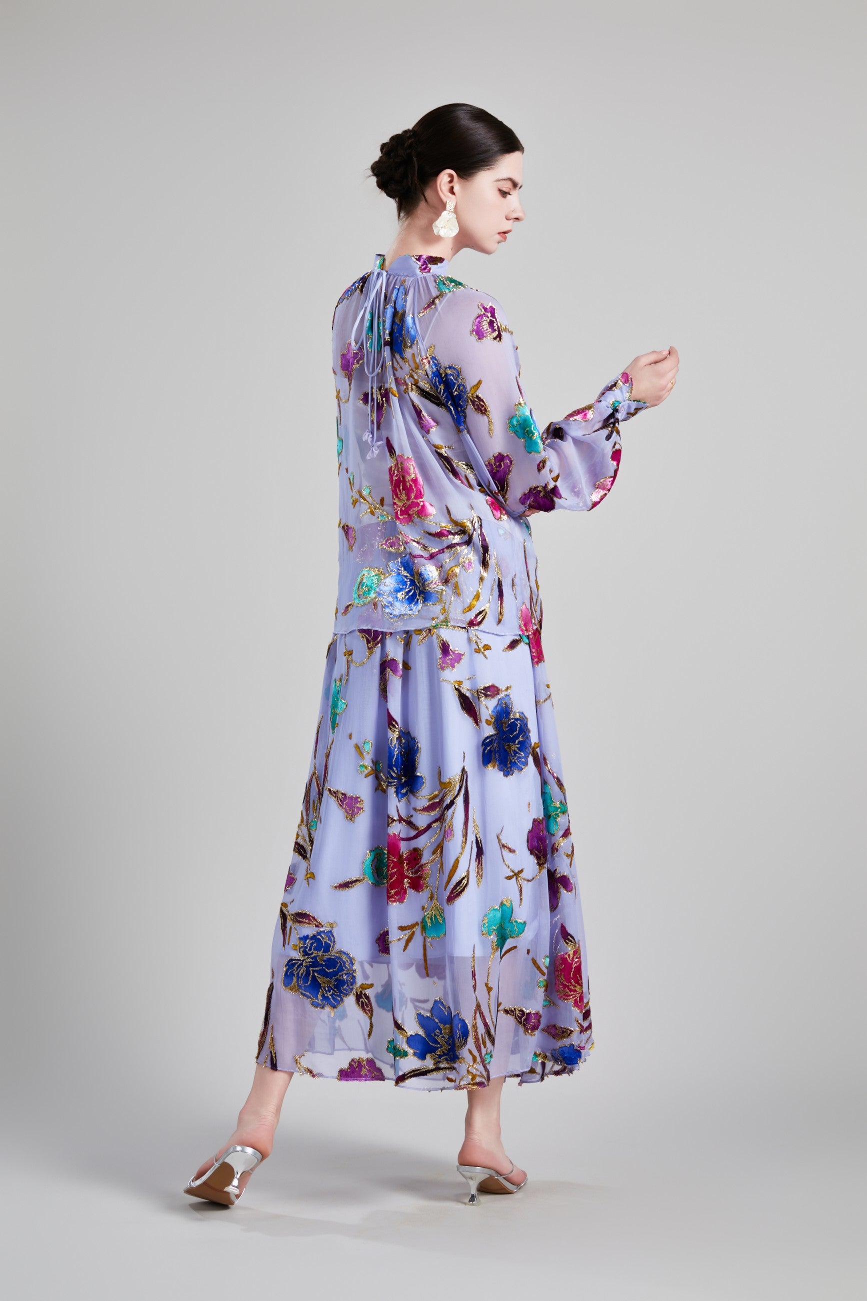 BELL SLEEVE STAND COLLAR SHIRT ELASTICATED FLOWING SKIRT