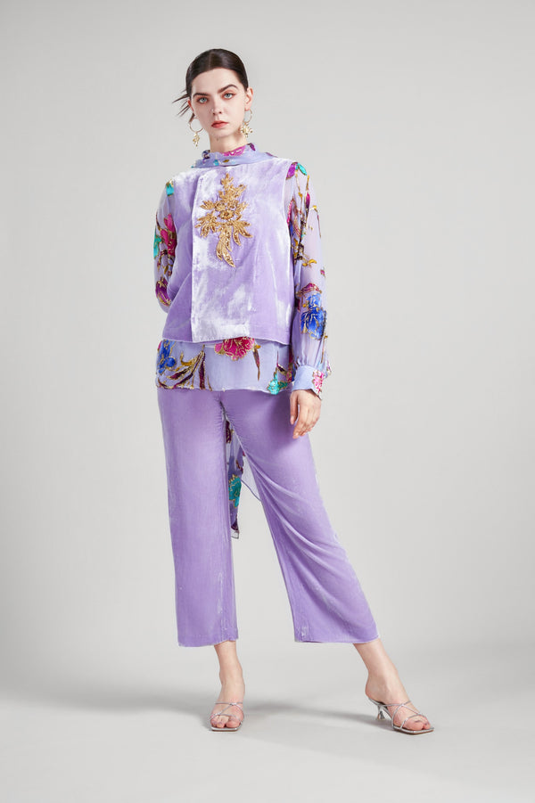 SILHOUETTE EMBROIDERED VEST FRONT PLEATED WIDE LEG PANTS