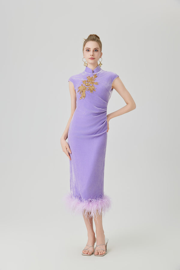 NEW CHINESE STYLE OSTRICH FEATHER HEM DRESS