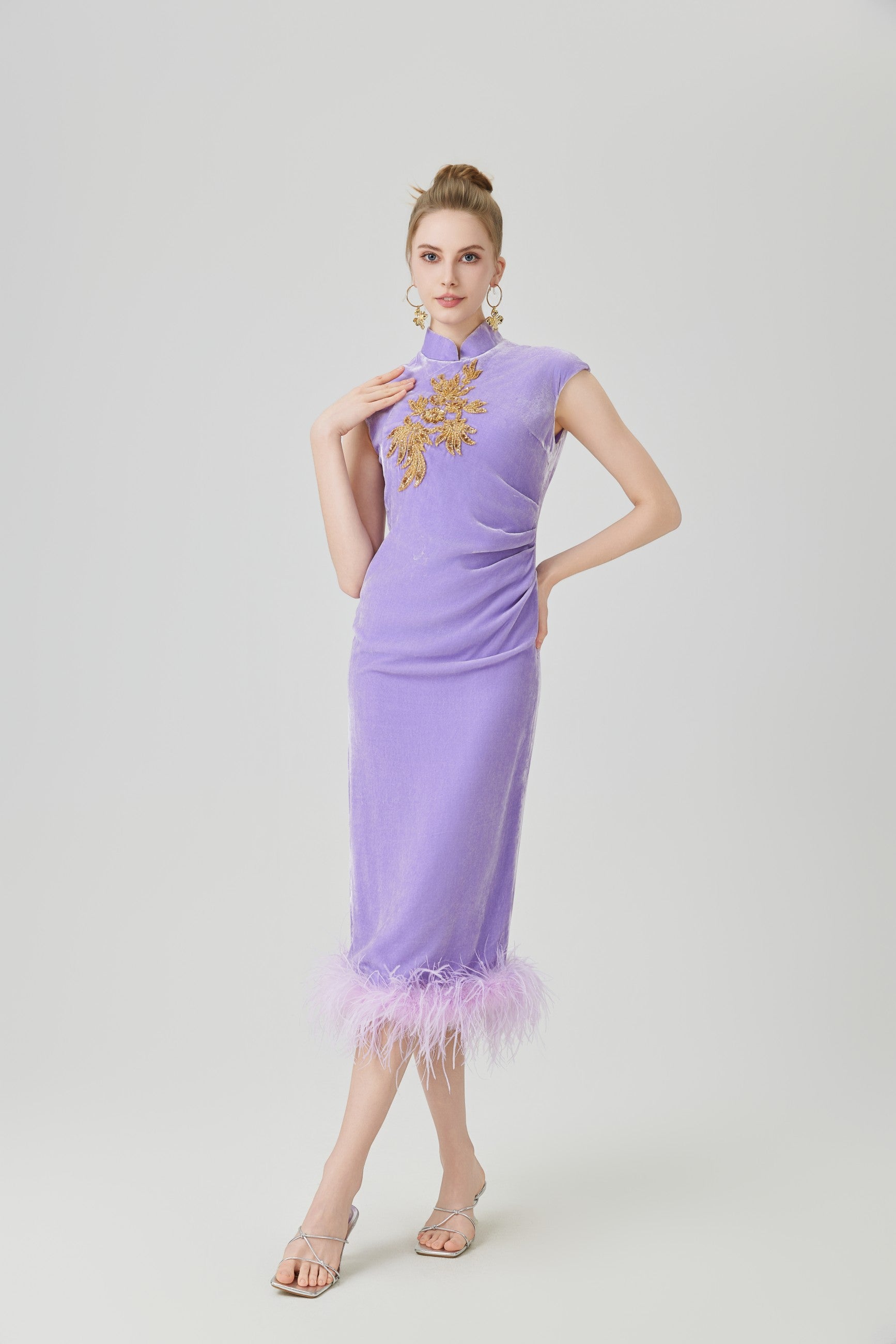 NEW CHINESE STYLE OSTRICH FEATHER HEM DRESS