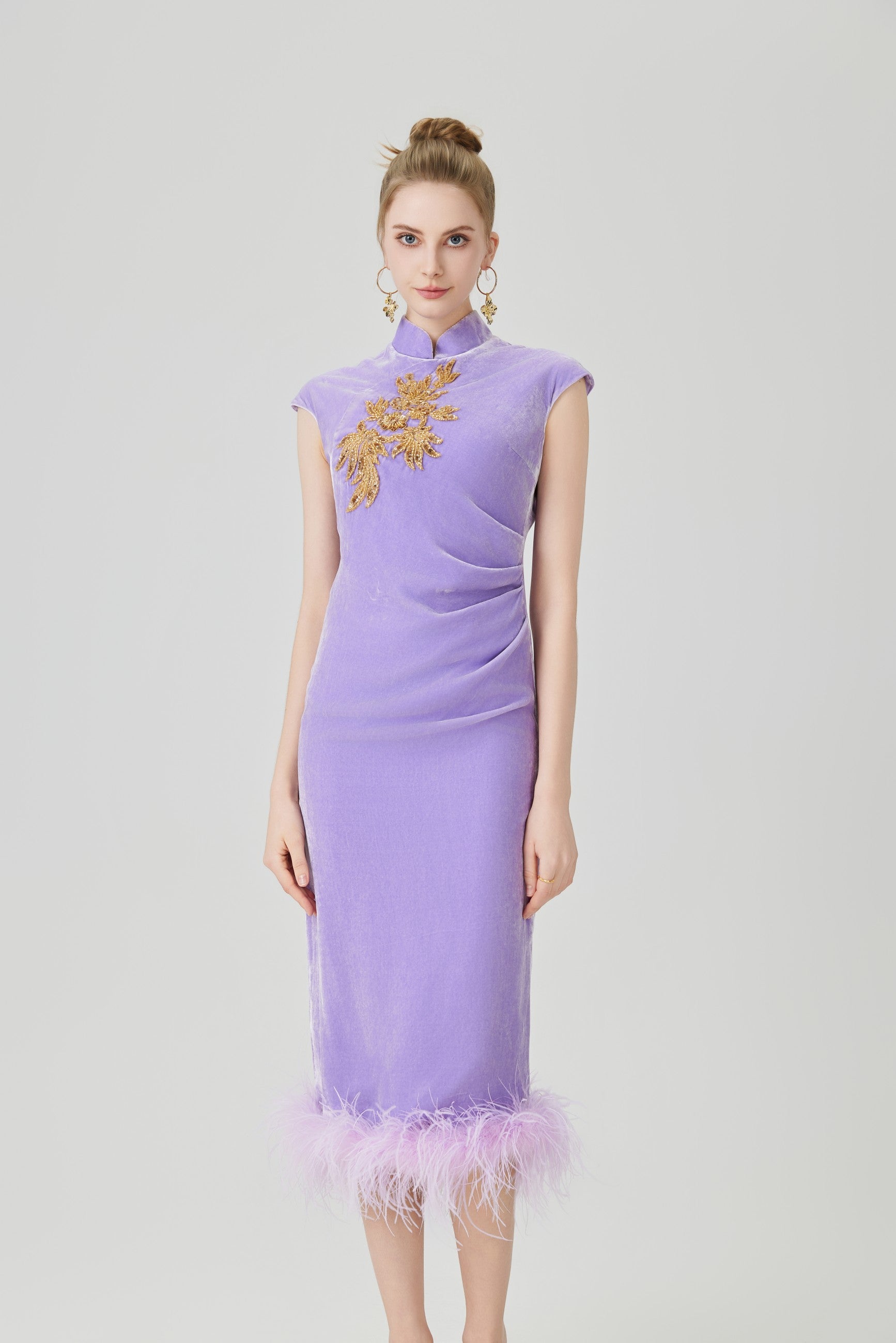 NEW CHINESE STYLE OSTRICH FEATHER HEM DRESS