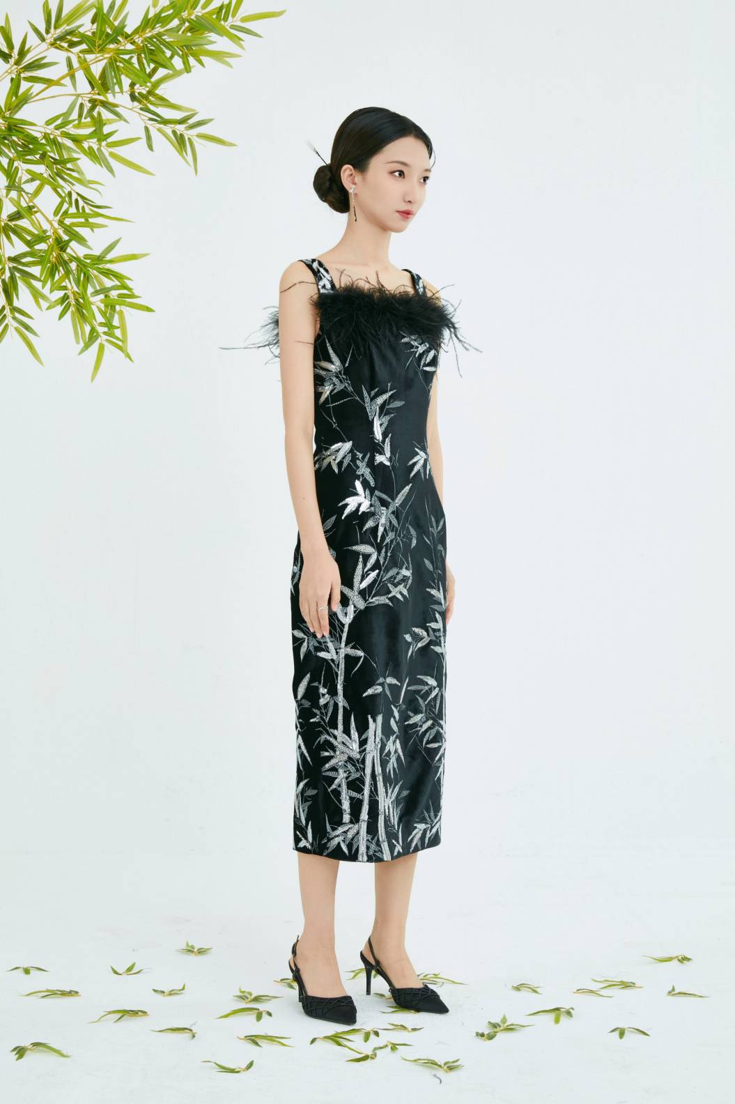 CH COLLECTION SUSPENDER DRESS WITH FEATHER