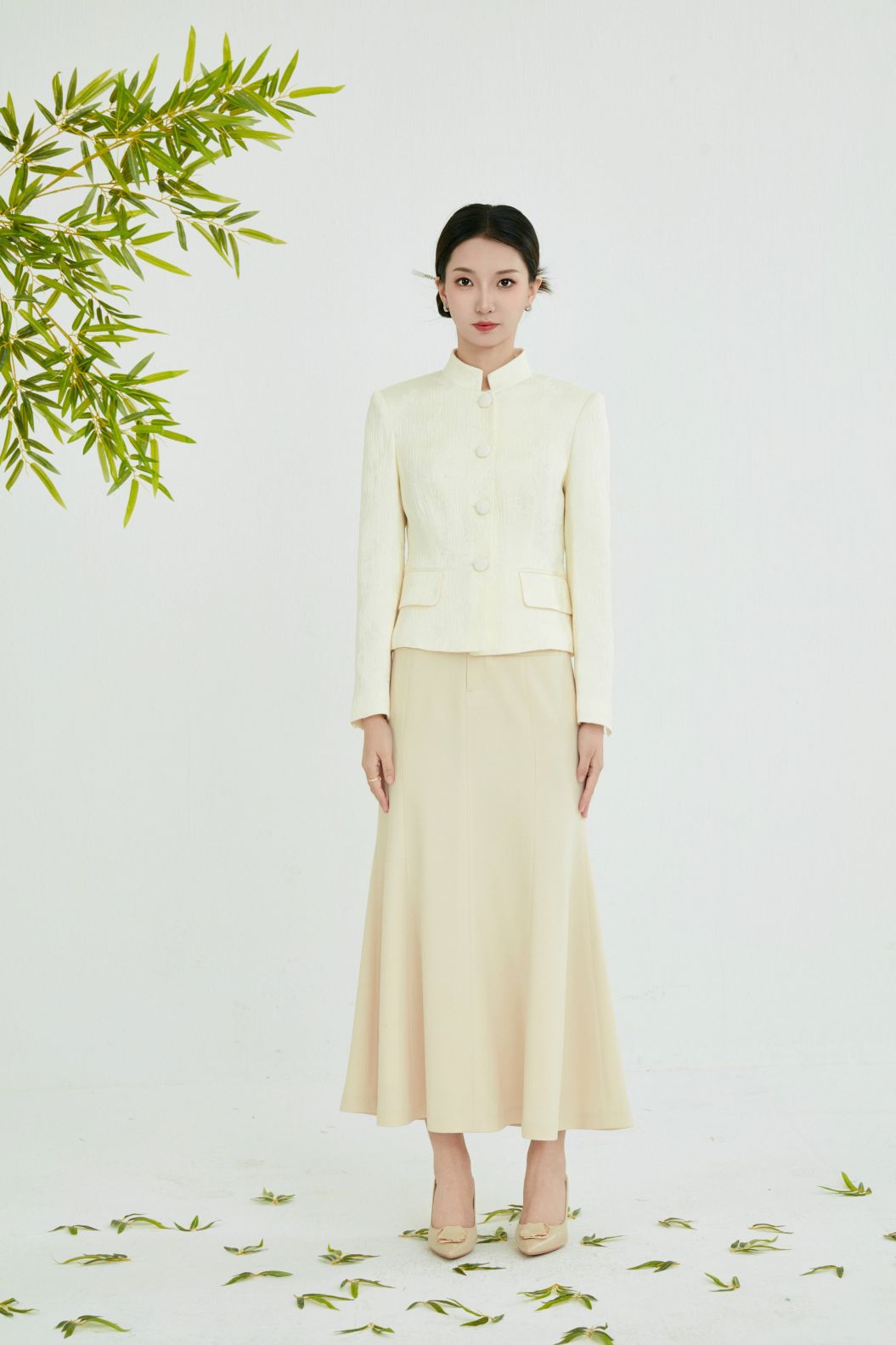 CH COLLECTION JACKET STAND COLLAR WAIST PINCH PLEATED SKIRT