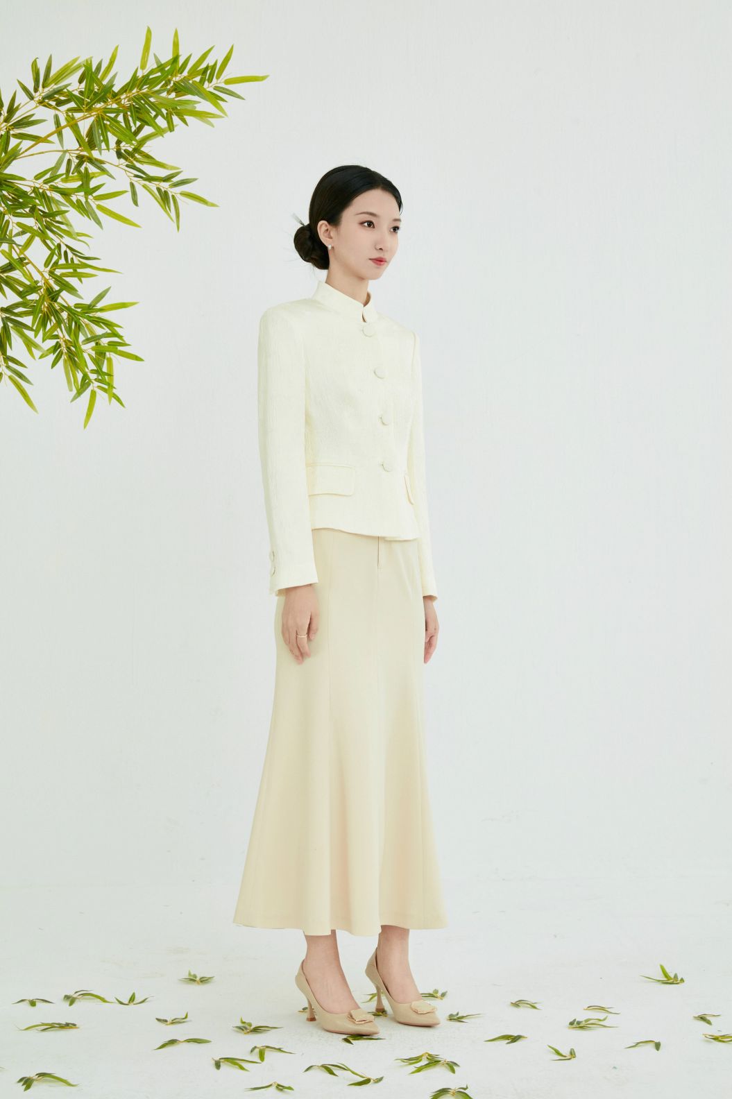 CH COLLECTION JACKET STAND COLLAR WAIST PINCH PLEATED SKIRT