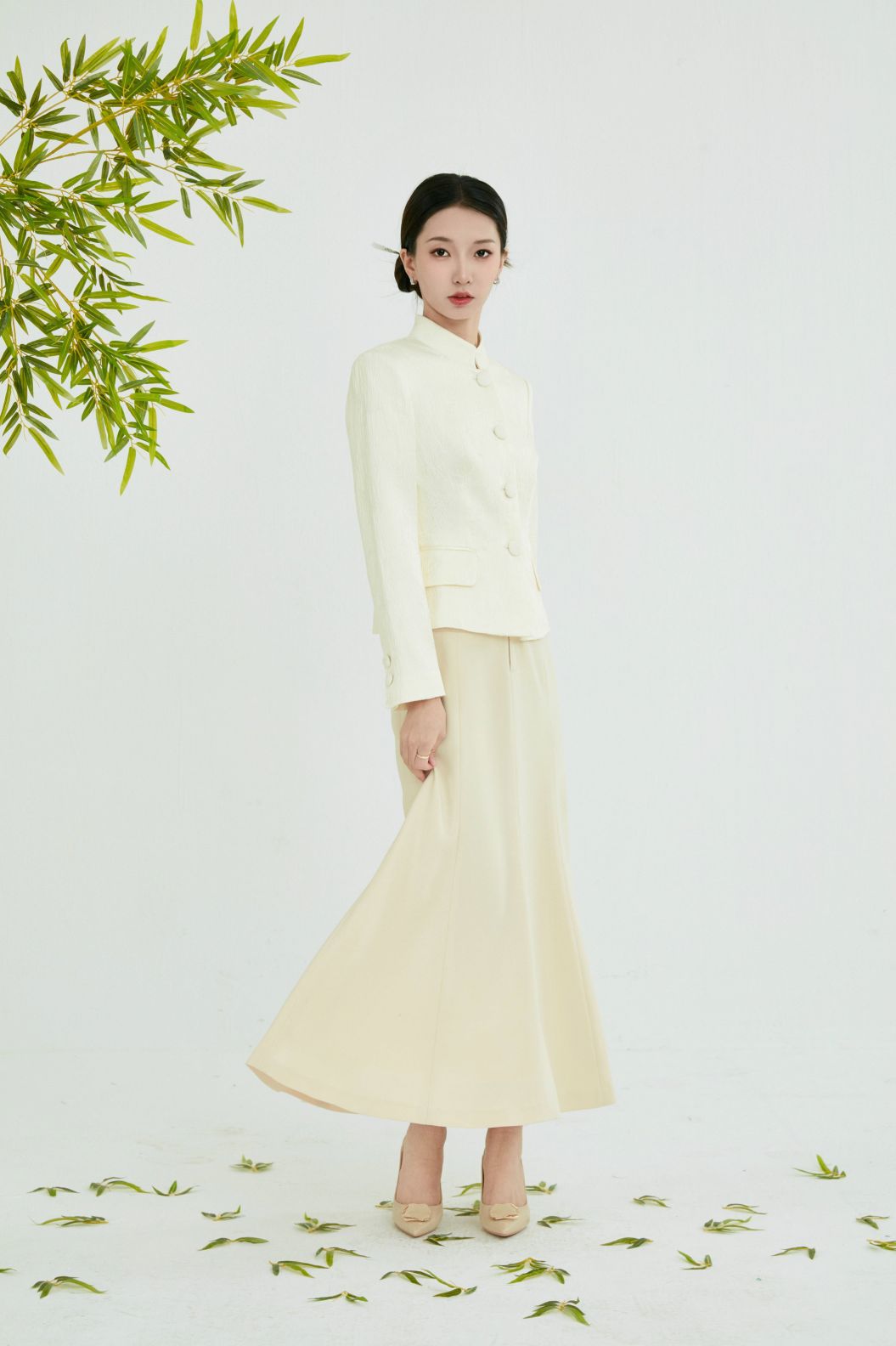 CH COLLECTION JACKET STAND COLLAR WAIST PINCH PLEATED SKIRT