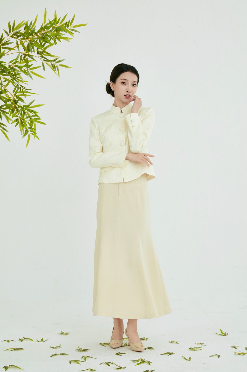 CH COLLECTION JACKET STAND COLLAR WAIST PINCH PLEATED SKIRT