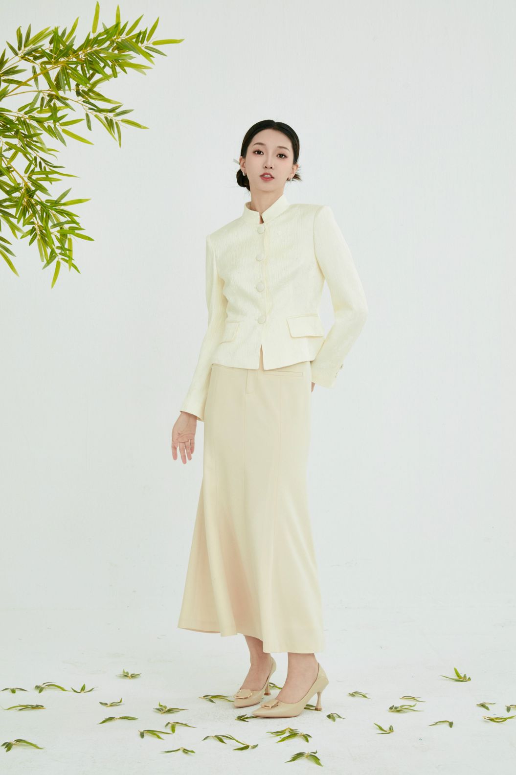 CH COLLECTION JACKET STAND COLLAR WAIST PINCH PLEATED SKIRT